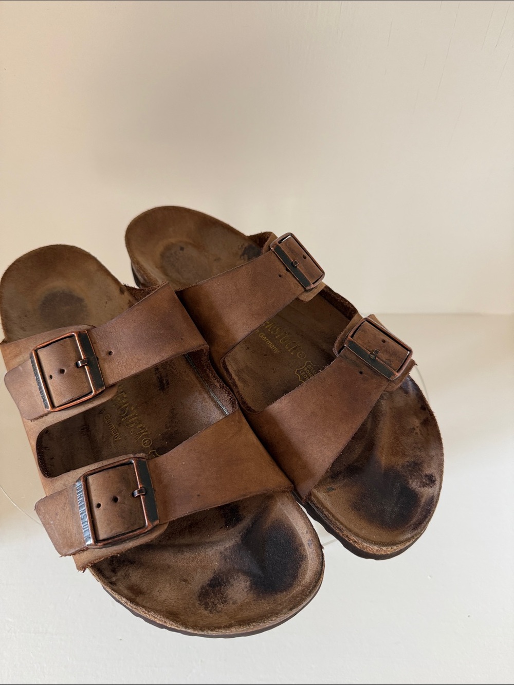Men's Brown Double-Buckle Leather Slide Sandals Birkenstocks